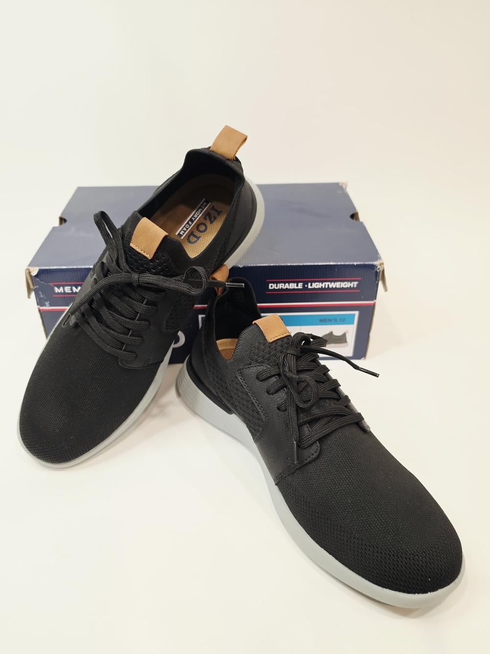 Izod Bannister Black Knit Sneakers with Tan Pull Tabs